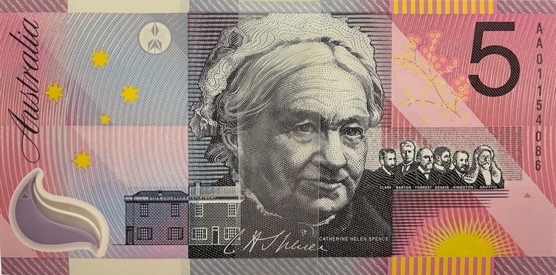 The five dollar note with image of Catherine Helen Spence, famous Unitarian.